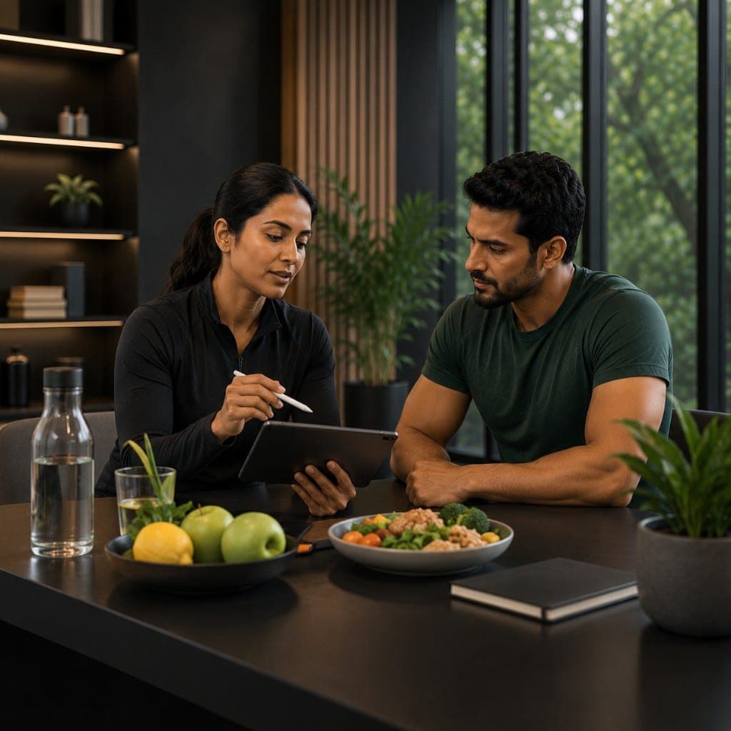Nutritionist reviewing a personalised meal plan with a client alongside healthy food on the table