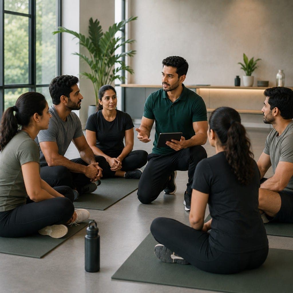 Coach leading a group coaching session with clients in a studio