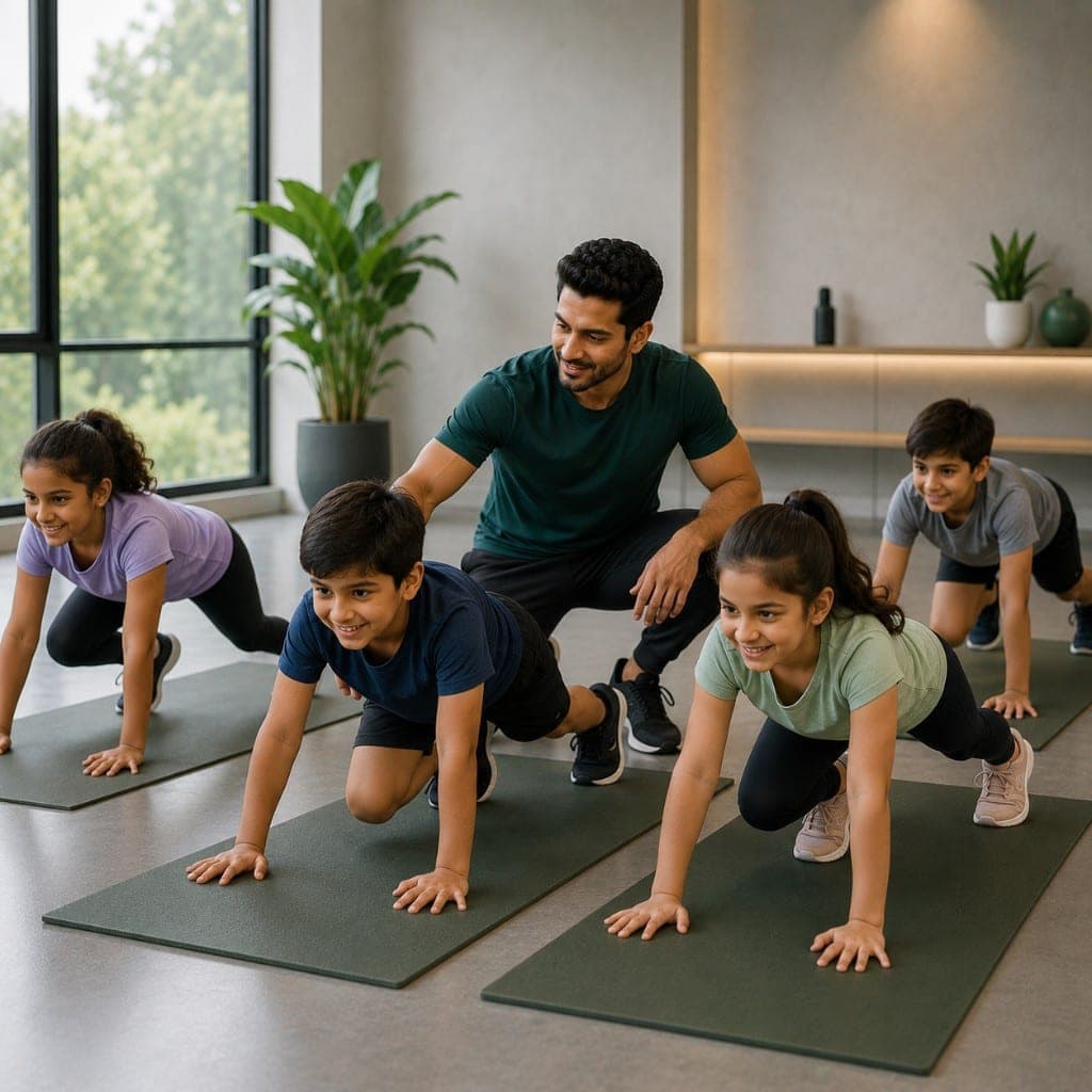Coach leading kids through a fitness and activity program in a studio