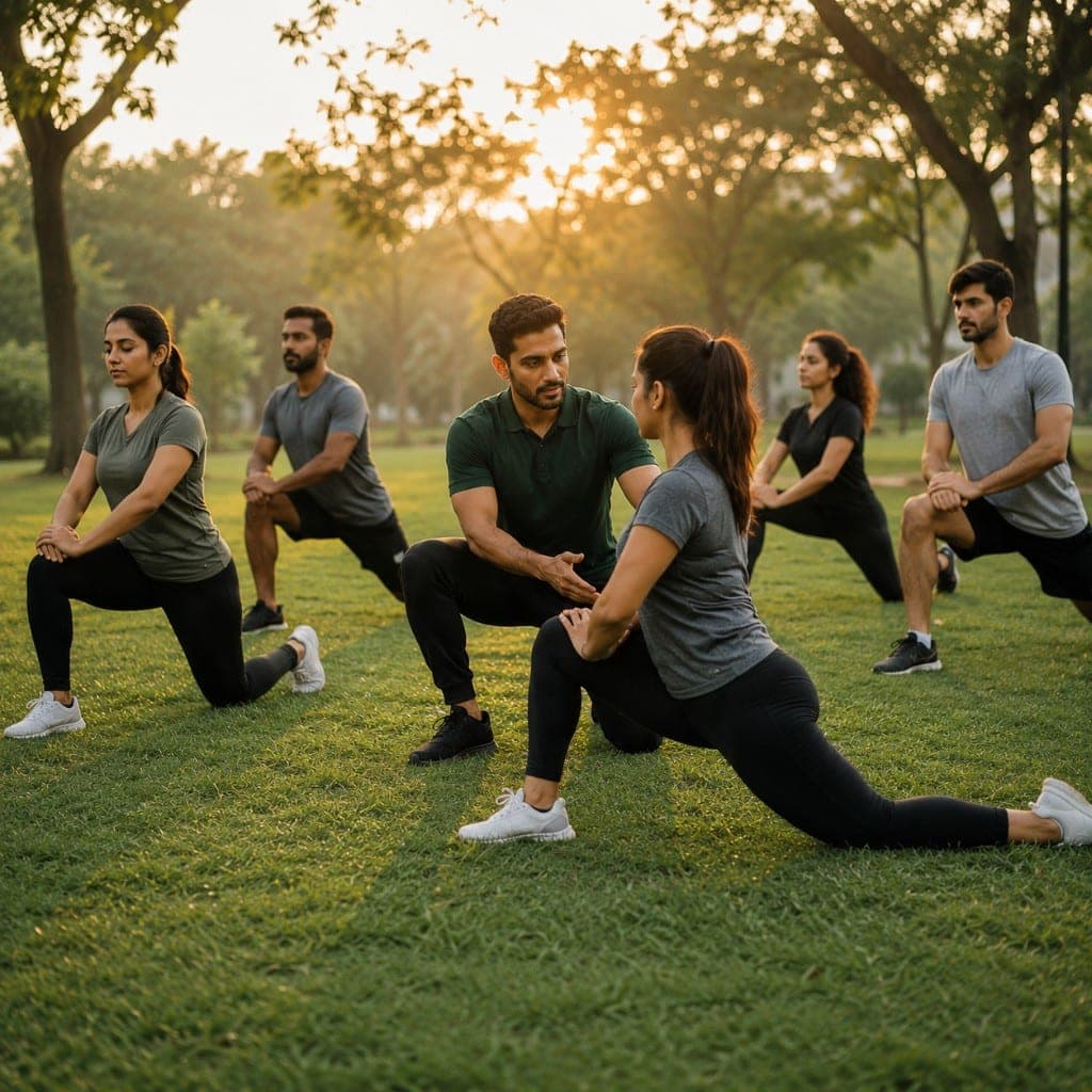 Coach instructing clients during an outdoor bootcamp session in a park