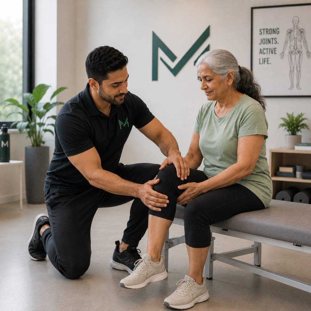Coach examining a client's knee for joint health support