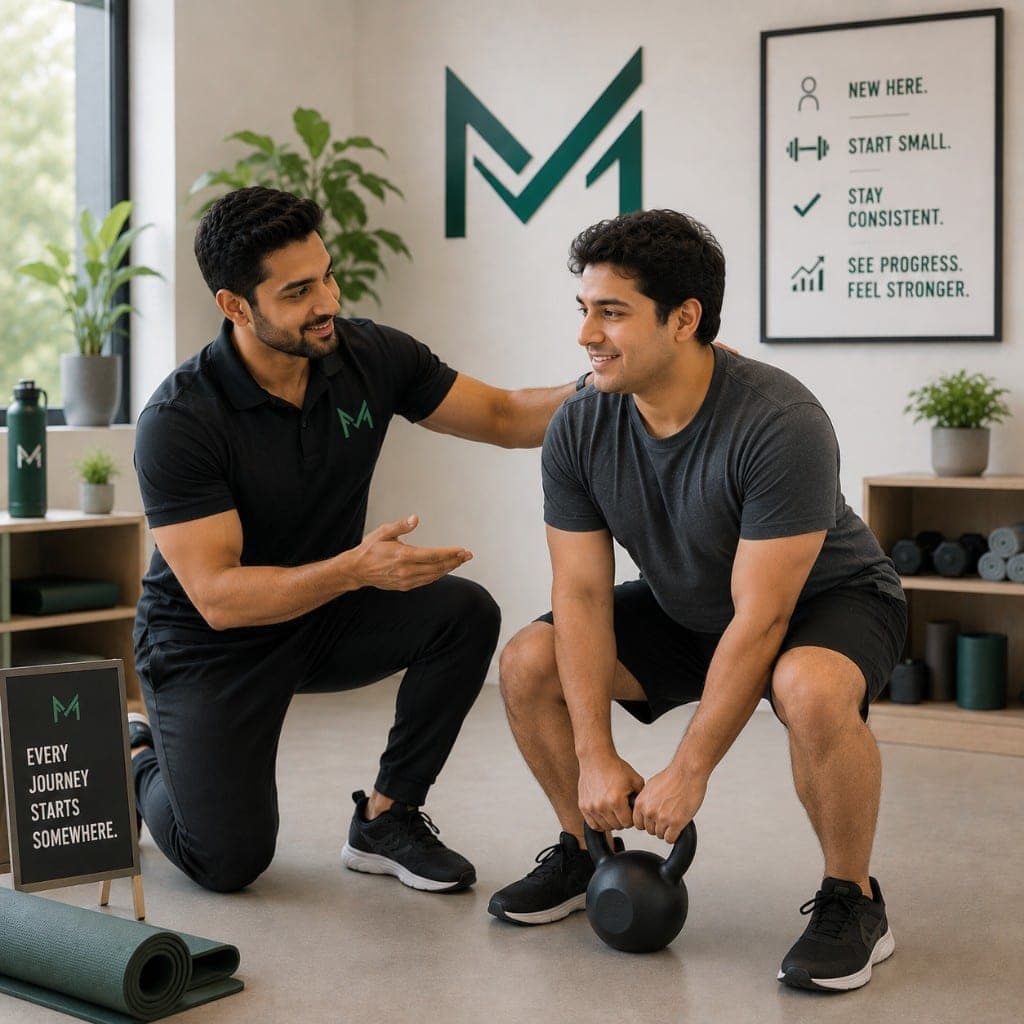 Coach guiding a beginner through a kettlebell squat