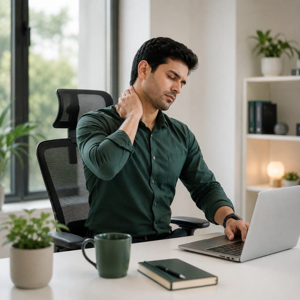 Desk worker experiencing neck and shoulder tension at a computer
