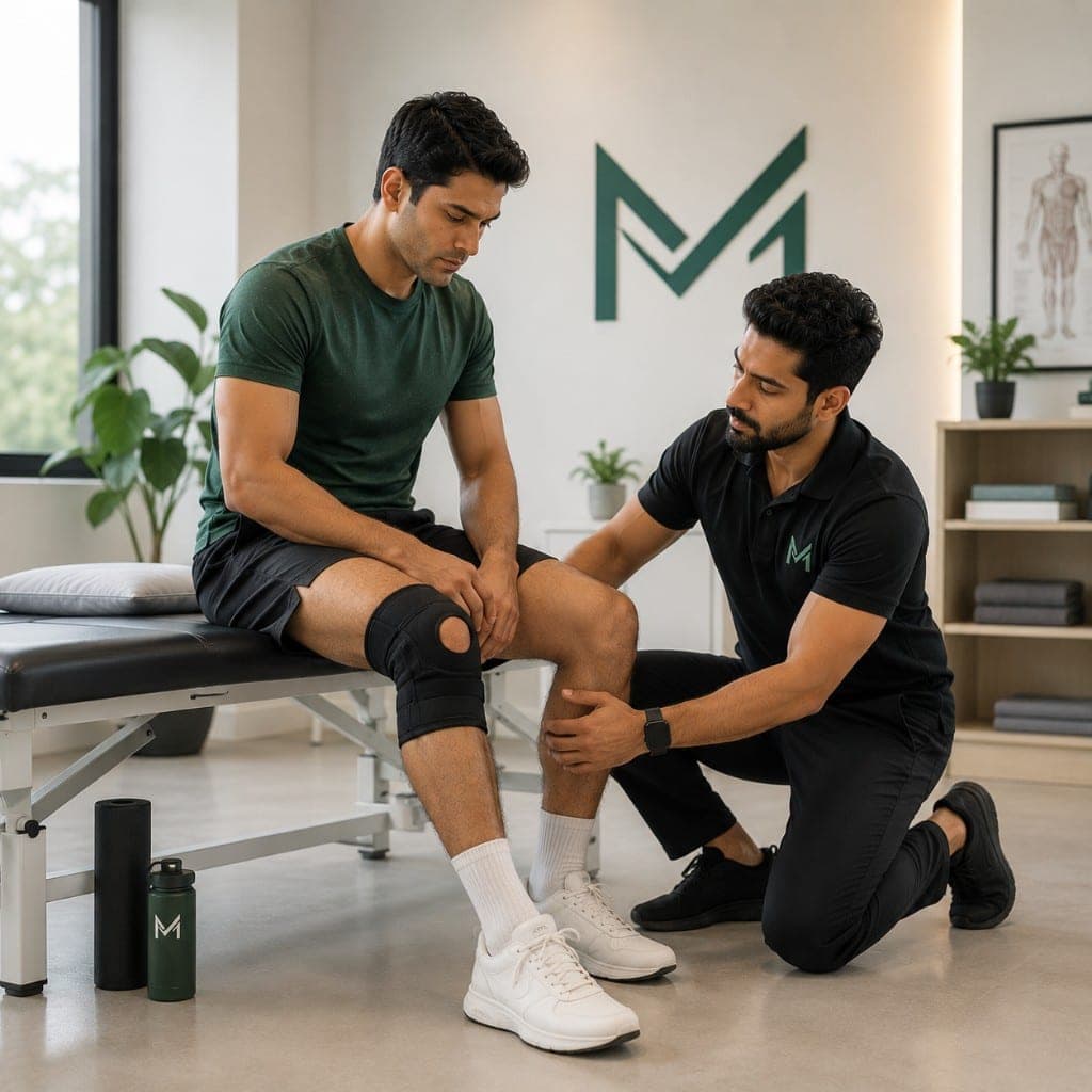 Coach supporting a client with a knee brace during rehab