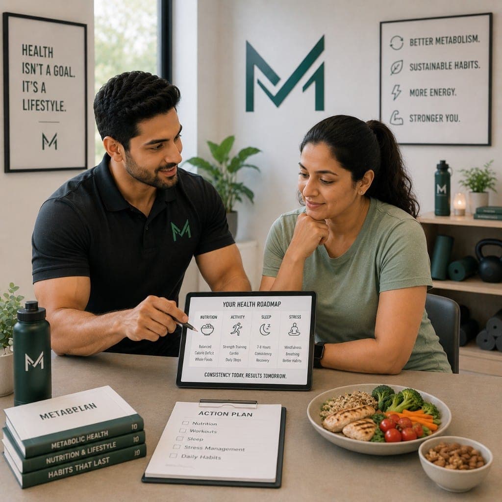 Coach reviewing a metabolic health roadmap with a client