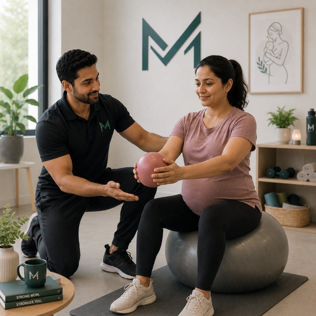 Coach supporting a pregnant client on a stability ball