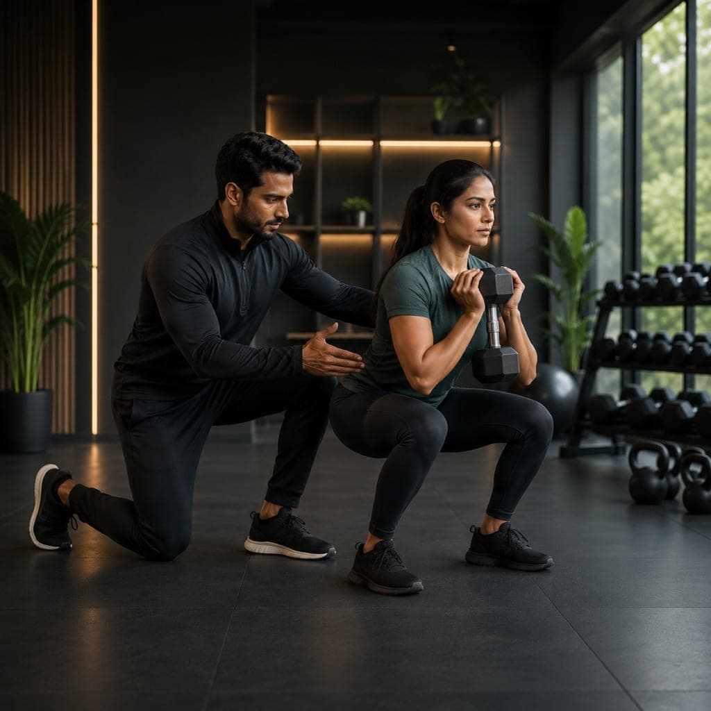 Coach spotting a client through a goblet squat with a dumbbell in a premium strength training session