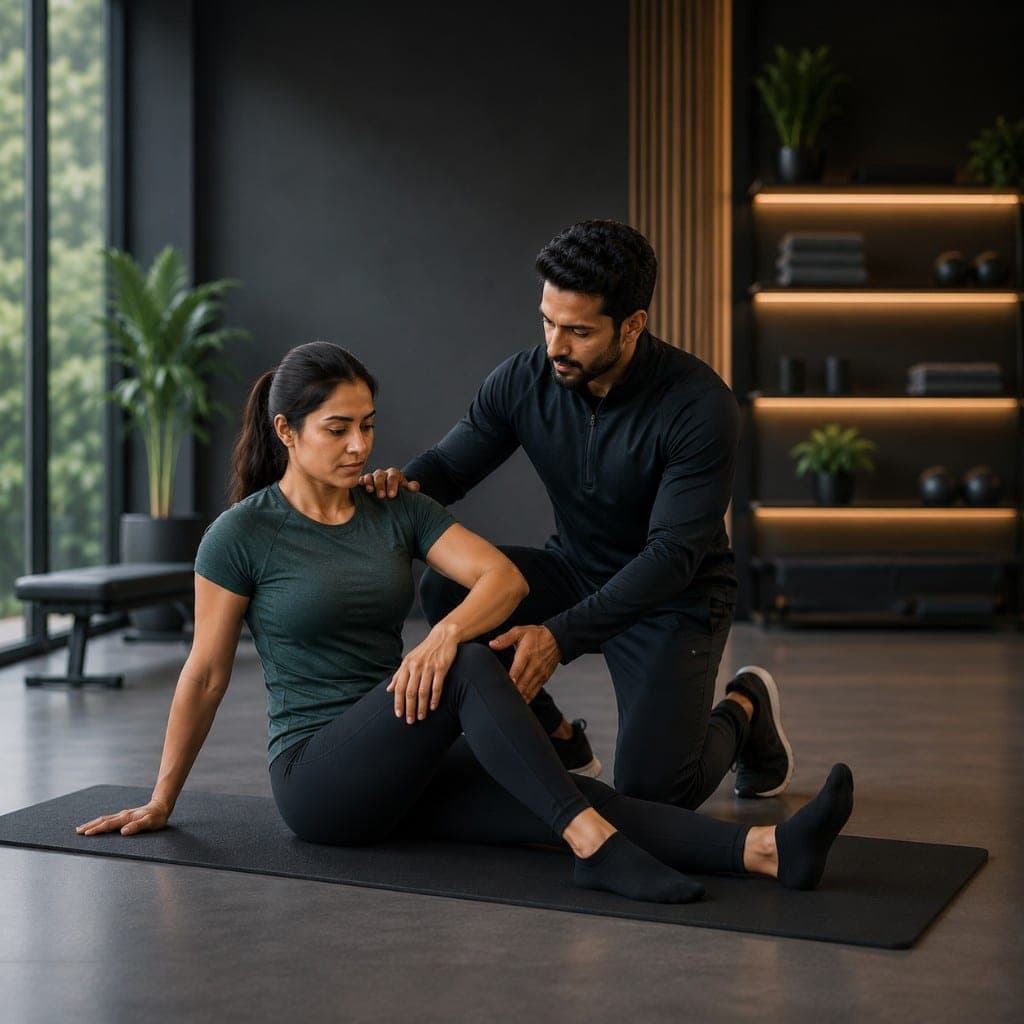 Coach providing hands-on guidance to a client during a rehab-focused floor exercise on a yoga mat