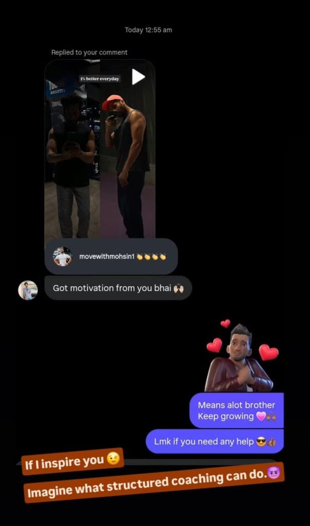 Conversation with Client DM: Got motivation from you bhai.
