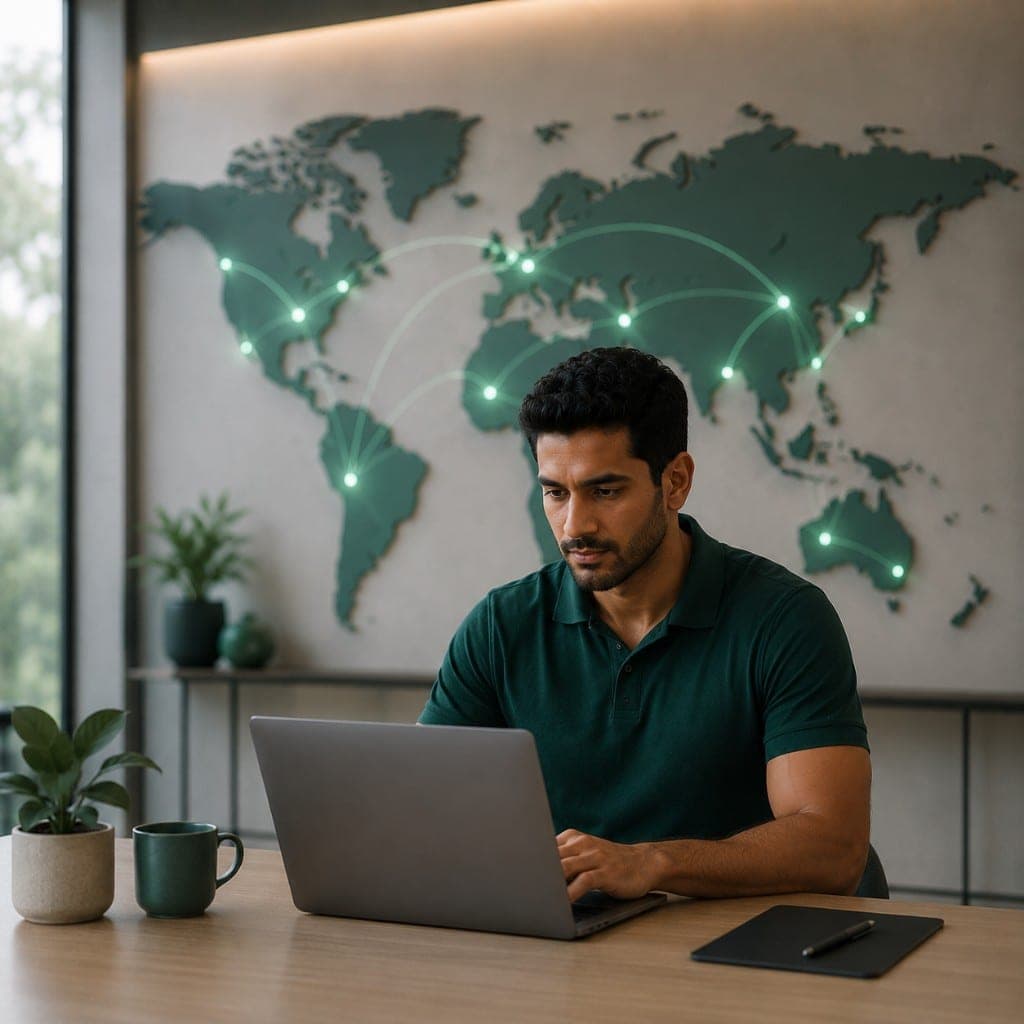 Coach working online with a global map showing worldwide client reach