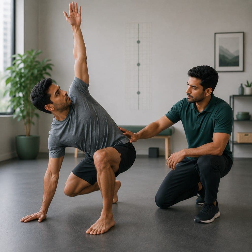 Coach guiding a client through a mobility and movement exercise