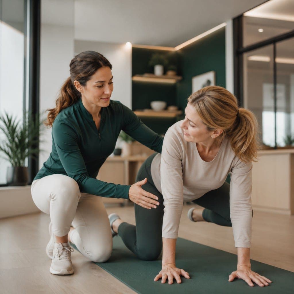 Coach assisting a client with rehab-focused movement on a mat