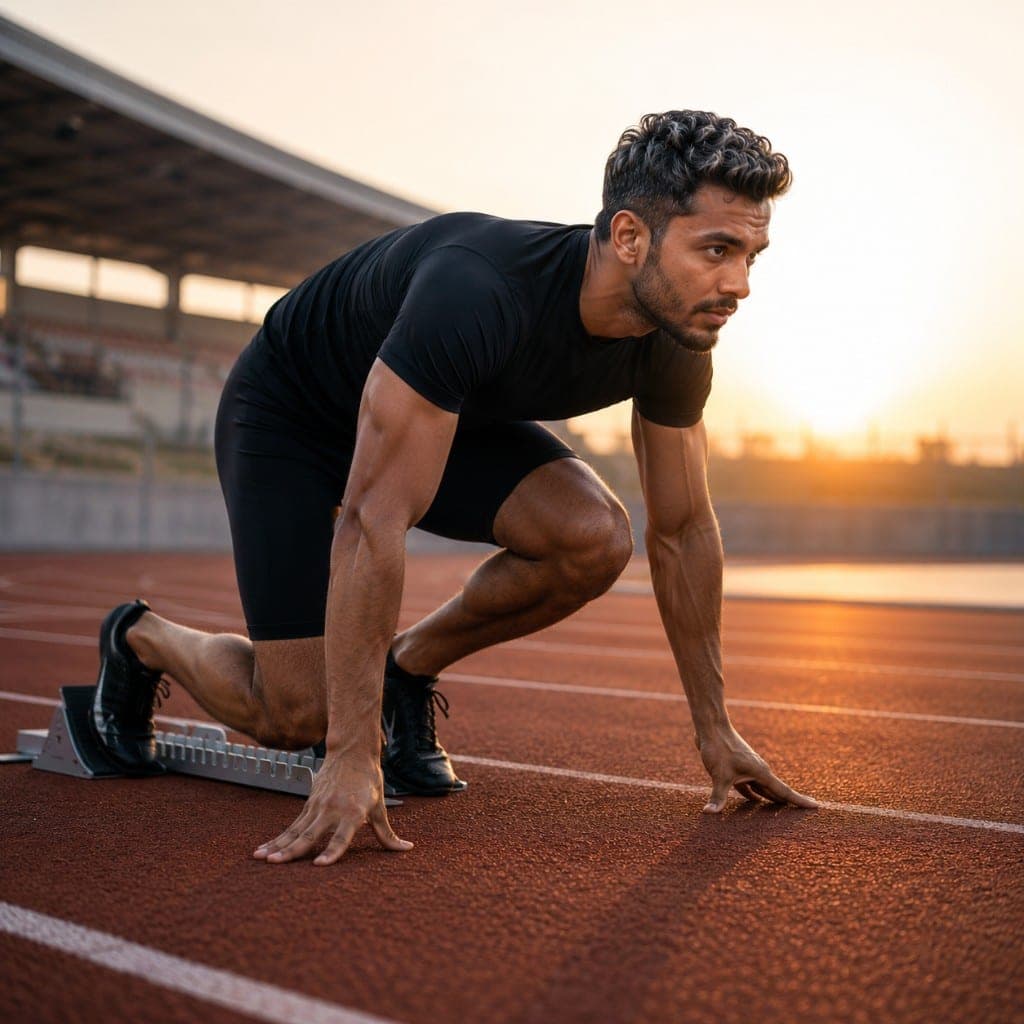 Sprinter in starting blocks at golden hour on a professional track
