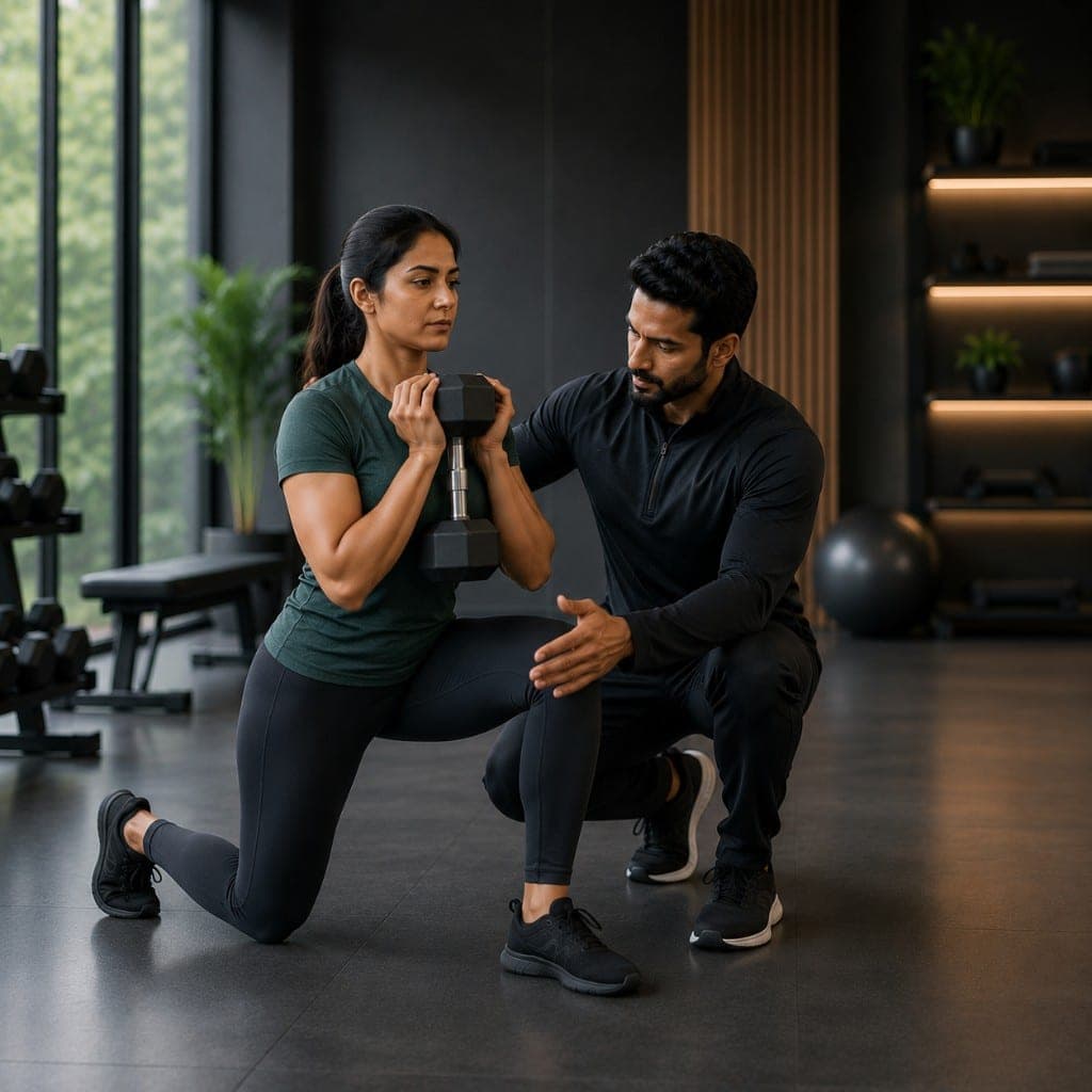 Coach correcting a client's goblet lunge form during a one-on-one training session
