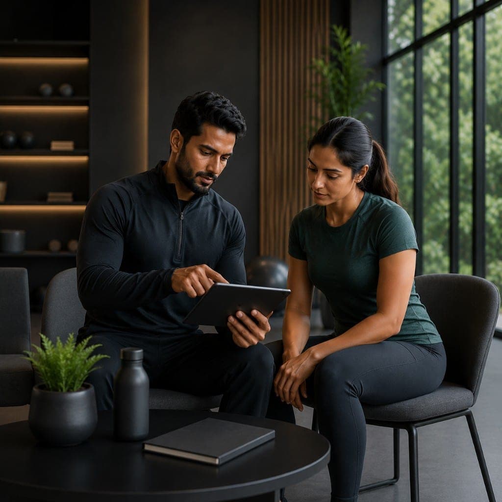 Coach and client reviewing long-term progress and next steps together on a tablet