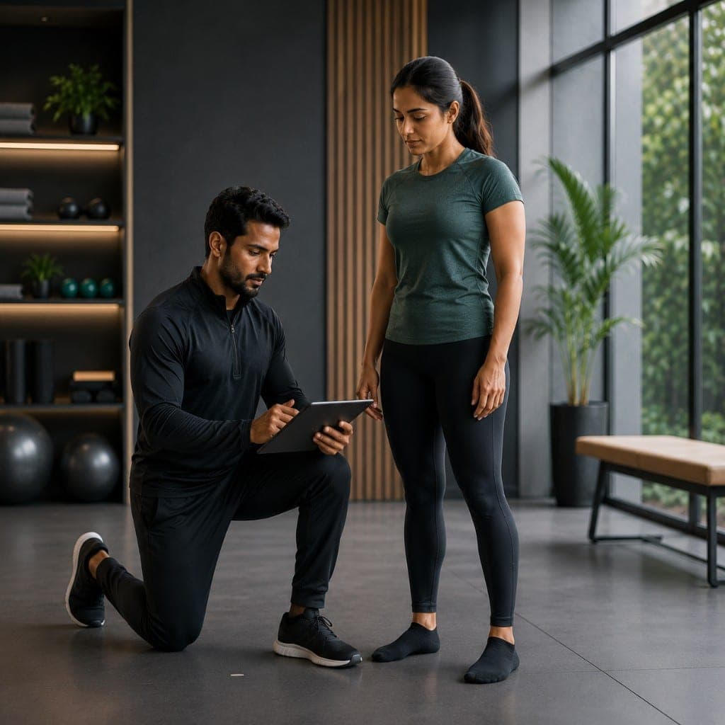 Coach reviewing movement assessment results with a client on a tablet in a premium training studio