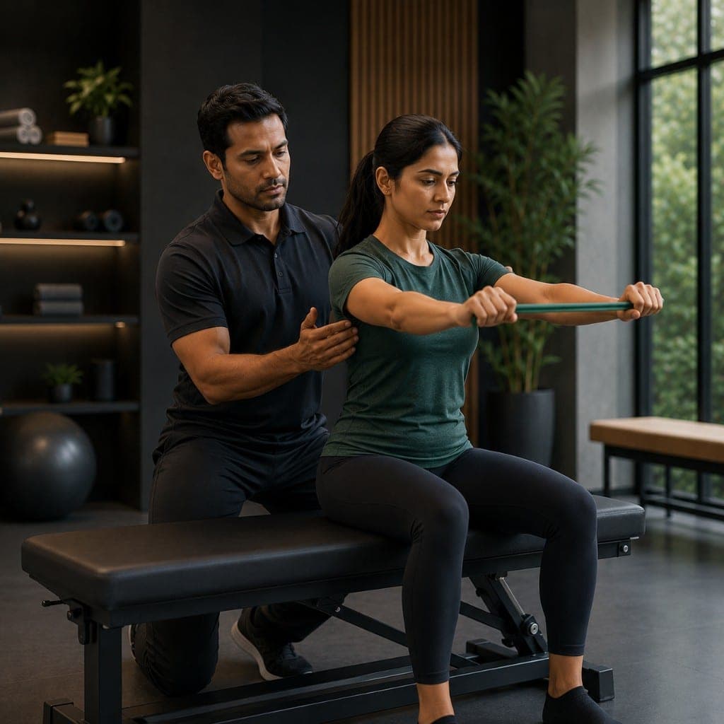 Physiotherapist guiding a client through a resistance band exercise with hands-on movement correction